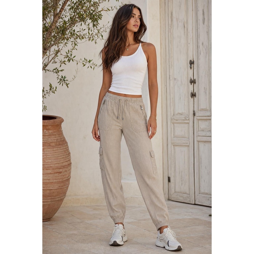 BlankNYC Cargo Pants Womens 27 Tan Linen Utility Jogger Coastal Minimalist Boho